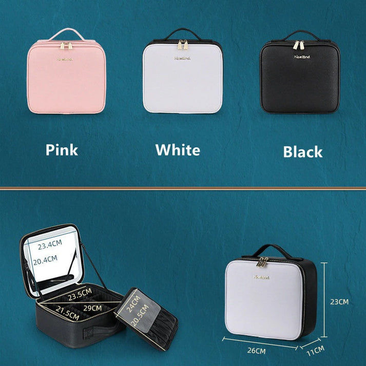 New LED Lighted Cosmetic Case with Mirror Waterproof PU Leather Portable Travel Makeup Storage Bags