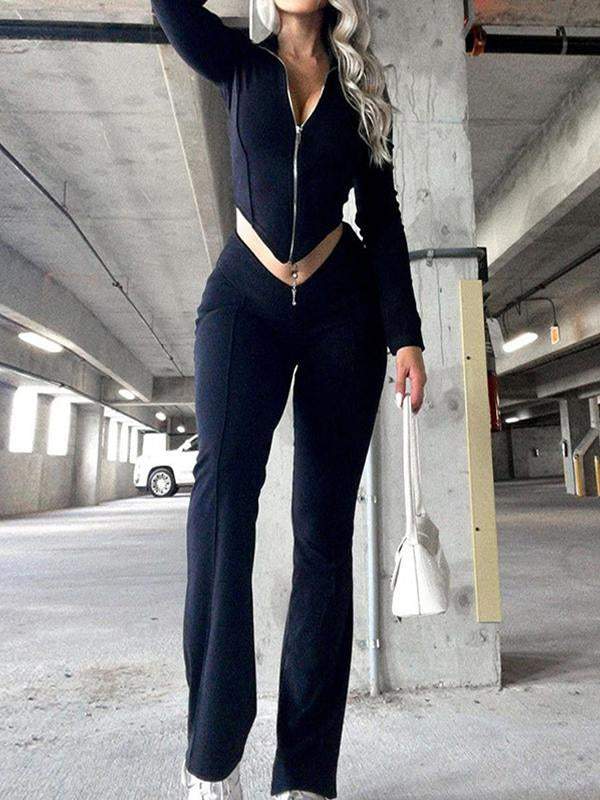 Casual solid color zipper splicing irregular top V-waist tight micro-cropped pants two-piece set